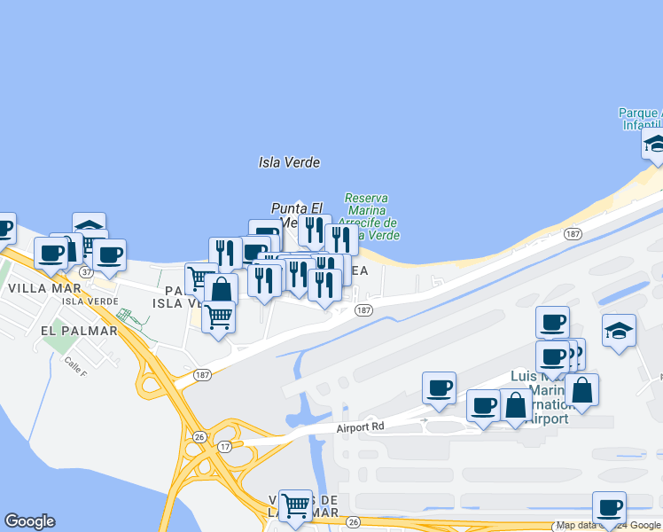 map of restaurants, bars, coffee shops, grocery stores, and more near 1 Calle Lirio in Carolina
