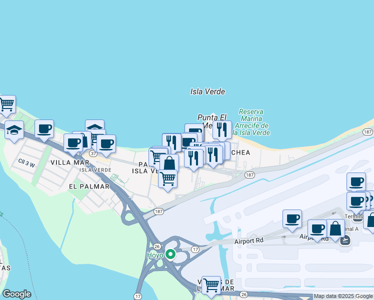 map of restaurants, bars, coffee shops, grocery stores, and more near Avenida Isla Verde in Carolina