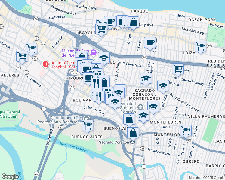 map of restaurants, bars, coffee shops, grocery stores, and more near 1702 Calle San Mateo in San Juan