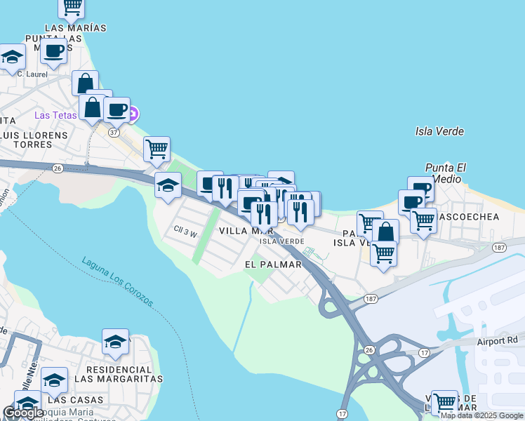 map of restaurants, bars, coffee shops, grocery stores, and more near 4837 Avenida Isla Verde in Carolina