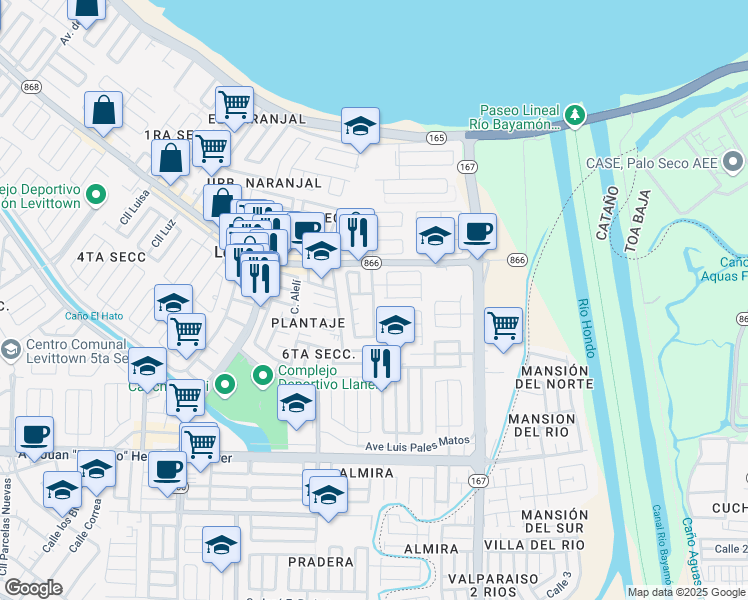 map of restaurants, bars, coffee shops, grocery stores, and more near Calle Jose Gautier Benitez in Toa Baja