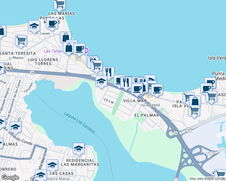 map of restaurants, bars, coffee shops, grocery stores, and more near 1225 Calle Marginal Villamar in Carolina