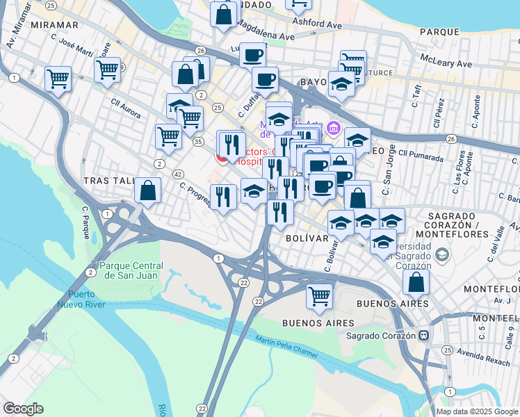 map of restaurants, bars, coffee shops, grocery stores, and more near 757 Avenida Avelino Vicente in San Juan