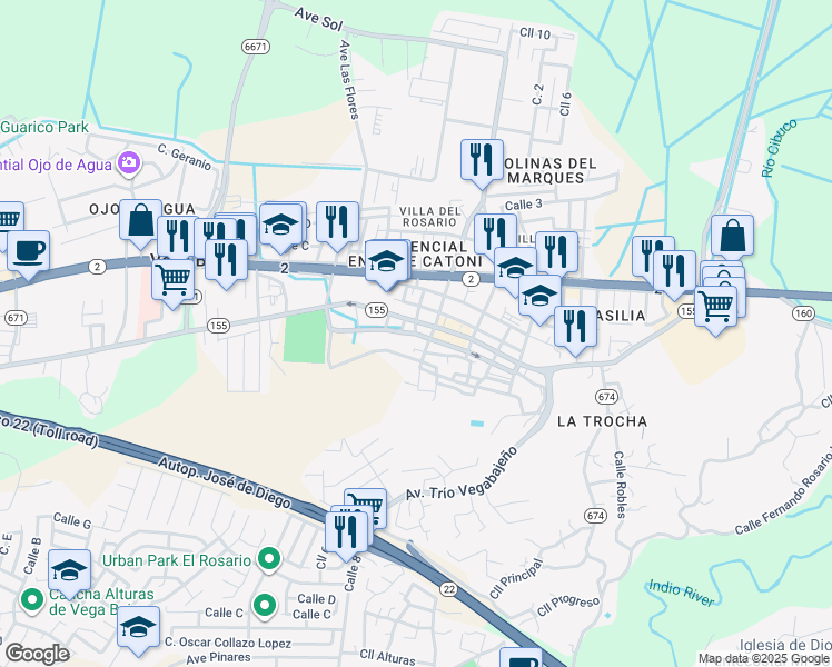 map of restaurants, bars, coffee shops, grocery stores, and more near 82 Calle Baldorioty in Vega Baja