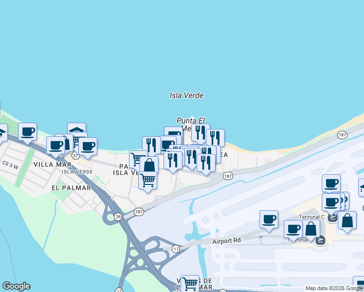 map of restaurants, bars, coffee shops, grocery stores, and more near Calle Cape Yubi in Carolina