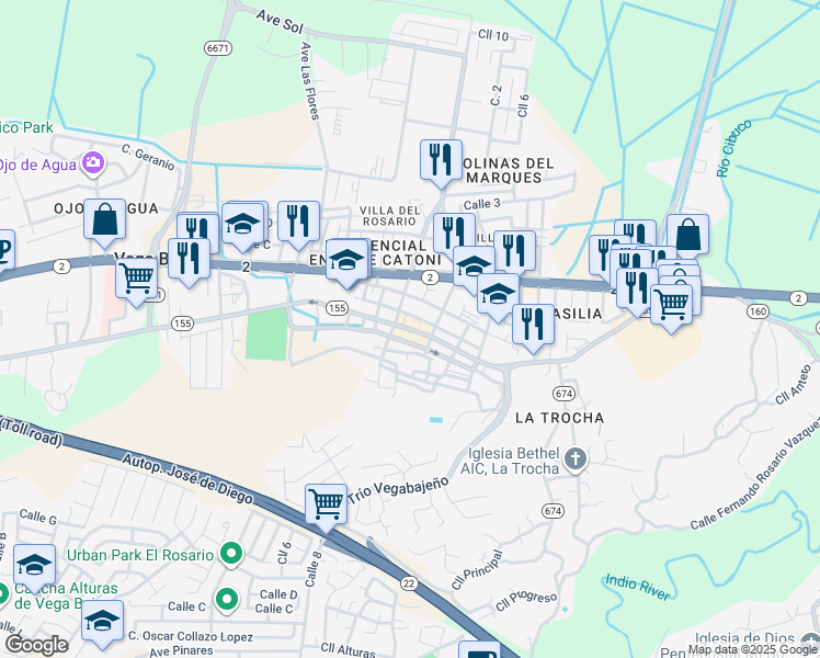 map of restaurants, bars, coffee shops, grocery stores, and more near Puerto Rico 155 in Vega Baja
