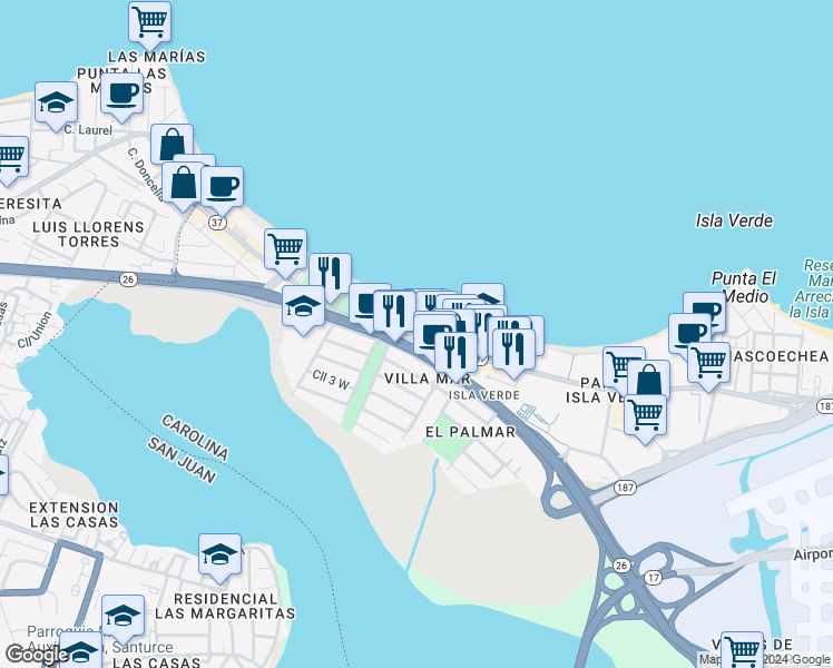 map of restaurants, bars, coffee shops, grocery stores, and more near 4735 Avenida Isla Verde in Carolina