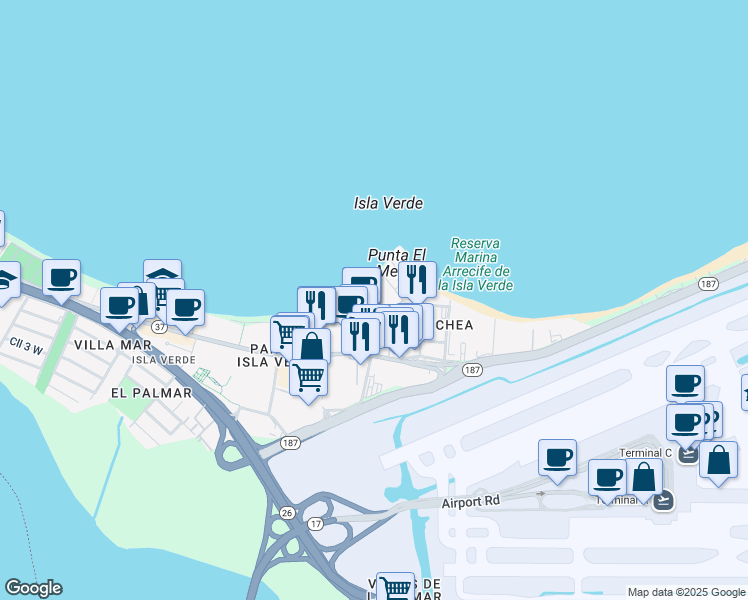 map of restaurants, bars, coffee shops, grocery stores, and more near 6165 Avenida Isla Verde in Carolina