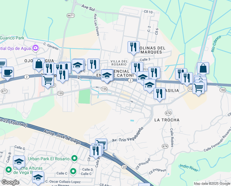 map of restaurants, bars, coffee shops, grocery stores, and more near 62-82 Calle Baldorioty de Castro in Vega Baja