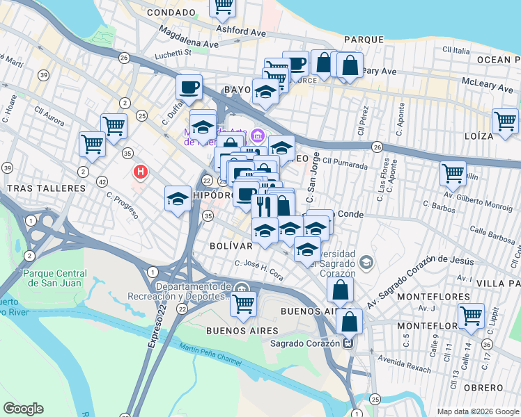 map of restaurants, bars, coffee shops, grocery stores, and more near 603 Calle Del Parque in San Juan