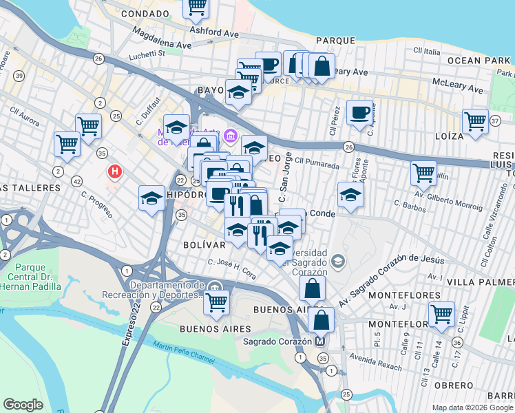 map of restaurants, bars, coffee shops, grocery stores, and more near 456 Calle Saldaña in San Juan