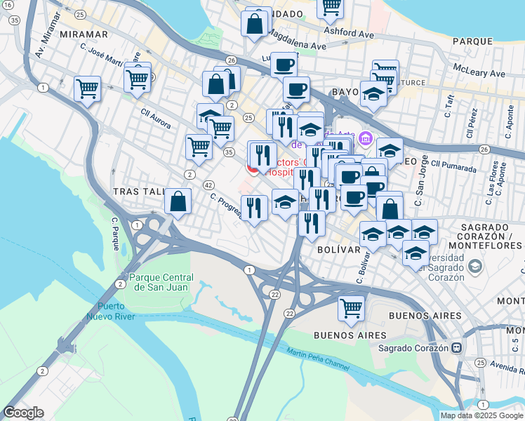 map of restaurants, bars, coffee shops, grocery stores, and more near in San Juan