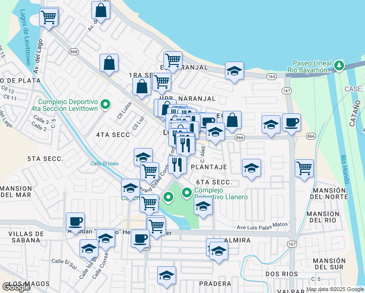 map of restaurants, bars, coffee shops, grocery stores, and more near Boulevard Monroig in Toa Baja