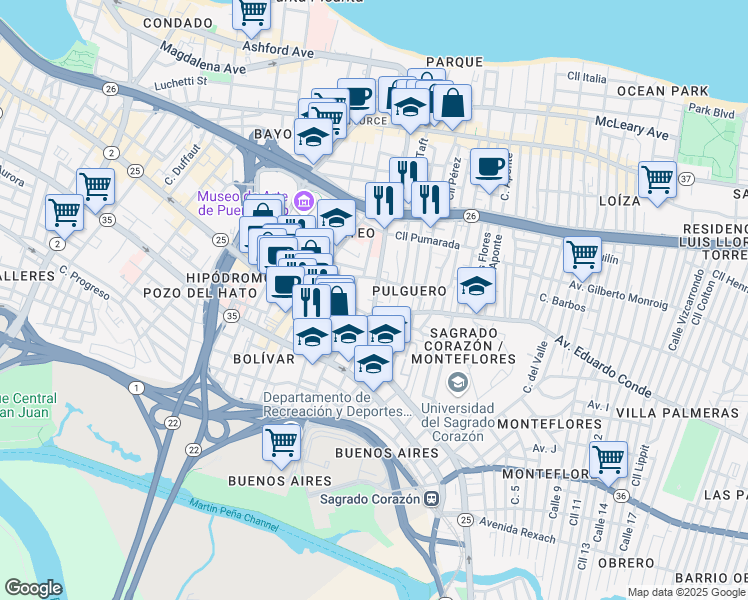 map of restaurants, bars, coffee shops, grocery stores, and more near 357-371 Calle San Jorge in San Juan