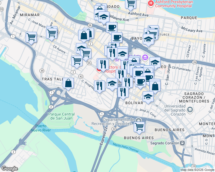 map of restaurants, bars, coffee shops, grocery stores, and more near 1401-1415 Calle Feria in San Juan