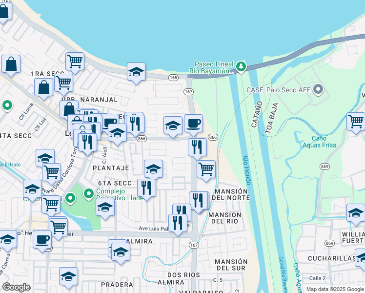 map of restaurants, bars, coffee shops, grocery stores, and more near Highway 167 in Toa Baja
