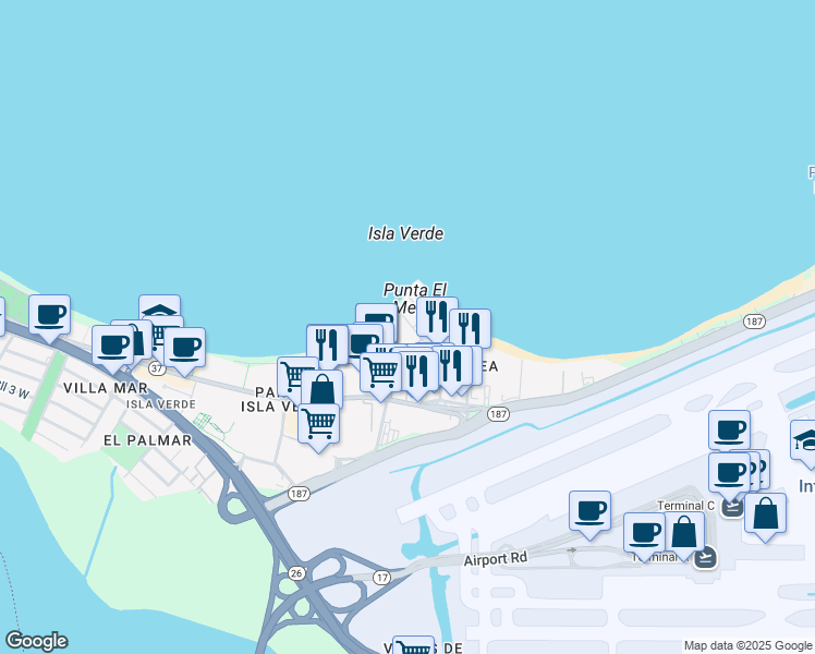 map of restaurants, bars, coffee shops, grocery stores, and more near 10 Calle Gardenia in Carolina