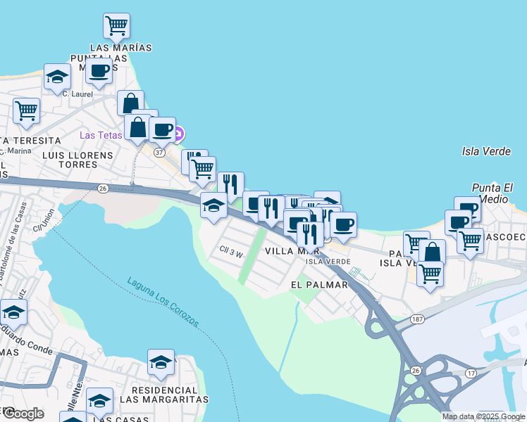 map of restaurants, bars, coffee shops, grocery stores, and more near 4429 Avenida Isla Verde in Carolina