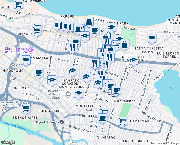 map of restaurants, bars, coffee shops, grocery stores, and more near 313 Calle Santa Cecilia in San Juan