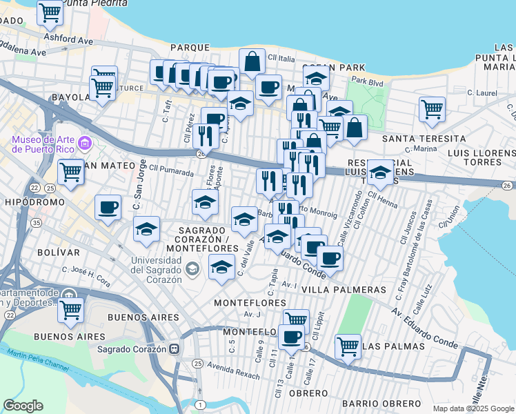 map of restaurants, bars, coffee shops, grocery stores, and more near 301-313 Calle Santa Cecilia in San Juan