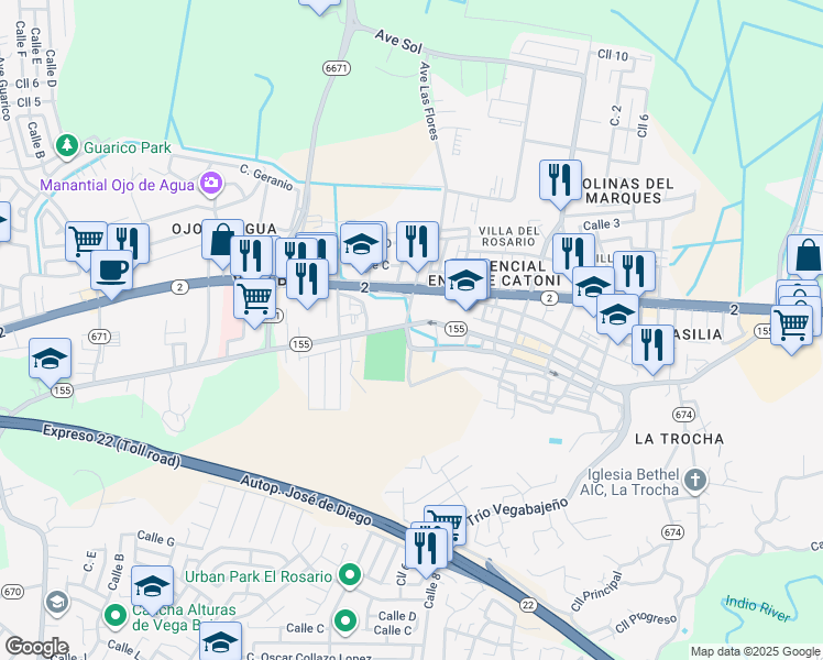 map of restaurants, bars, coffee shops, grocery stores, and more near Puerto Rico 155 in Vega Baja