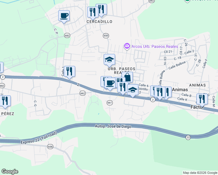 map of restaurants, bars, coffee shops, grocery stores, and more near Calle 4w in Arecibo