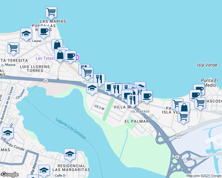 map of restaurants, bars, coffee shops, grocery stores, and more near 4327 Avenida Isla Verde in Carolina