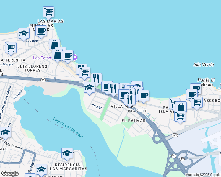 map of restaurants, bars, coffee shops, grocery stores, and more near 4429 Avenida Isla Verde in Carolina