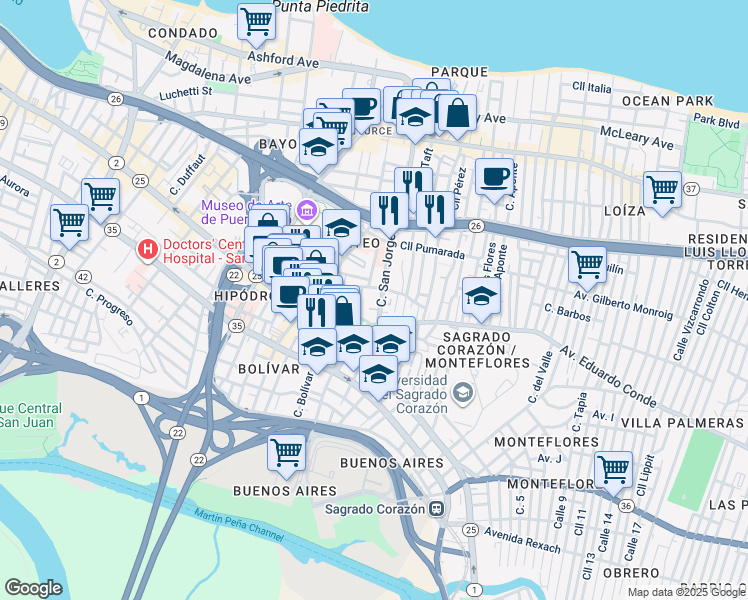map of restaurants, bars, coffee shops, grocery stores, and more near 357-371 Calle San Jorge in San Juan