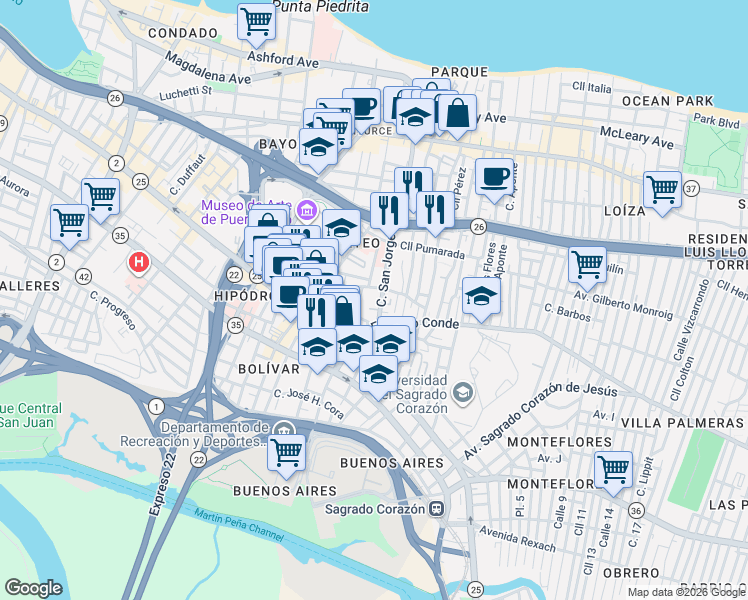 map of restaurants, bars, coffee shops, grocery stores, and more near 357-371 Calle San Jorge in San Juan