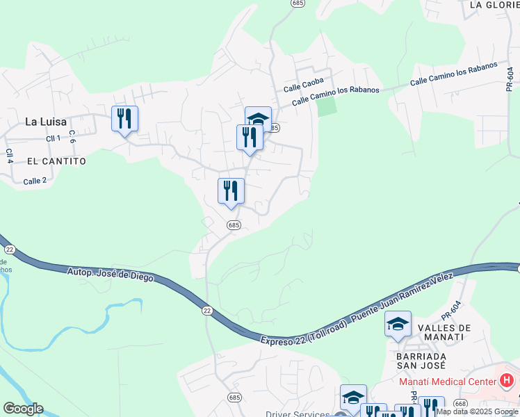 map of restaurants, bars, coffee shops, grocery stores, and more near in Tierras Nuevas Saliente