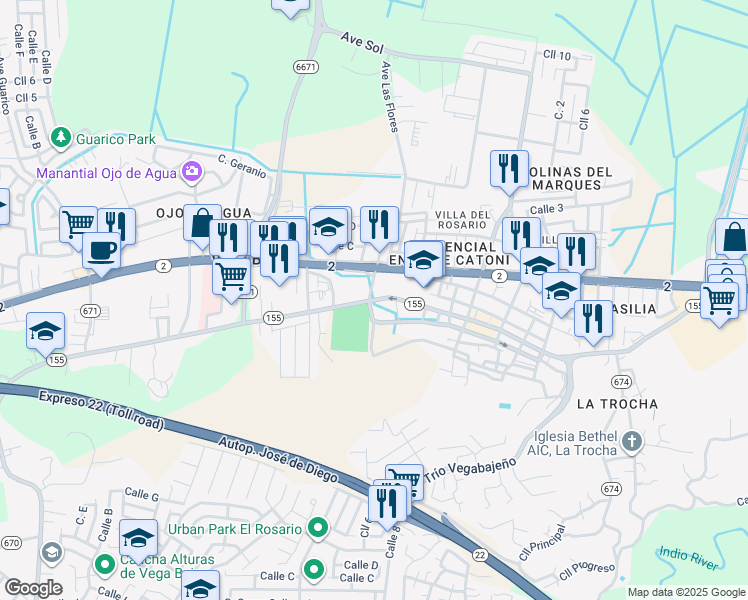 map of restaurants, bars, coffee shops, grocery stores, and more near Puerto Rico 155 in Vega Baja