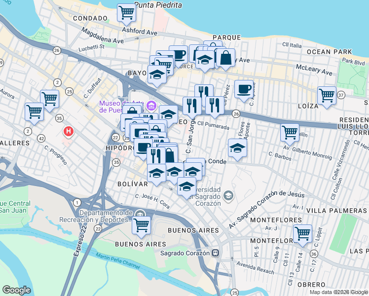 map of restaurants, bars, coffee shops, grocery stores, and more near 357-371 Calle San Jorge in San Juan