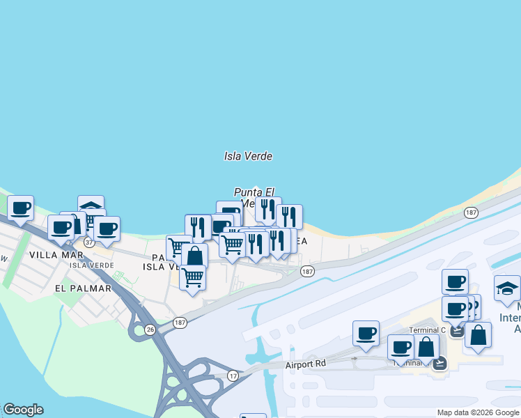 map of restaurants, bars, coffee shops, grocery stores, and more near 10 Calle Gardenia in Carolina