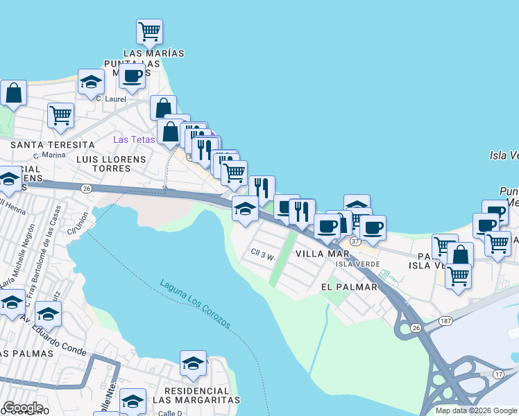 map of restaurants, bars, coffee shops, grocery stores, and more near 3106 Avenida Isla Verde in Carolina