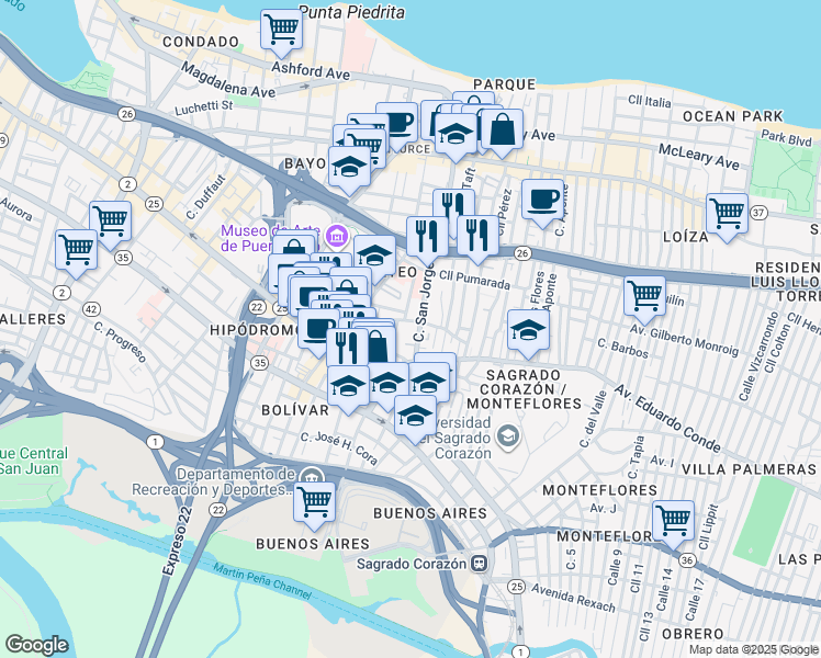 map of restaurants, bars, coffee shops, grocery stores, and more near 357-371 Calle San Jorge in San Juan