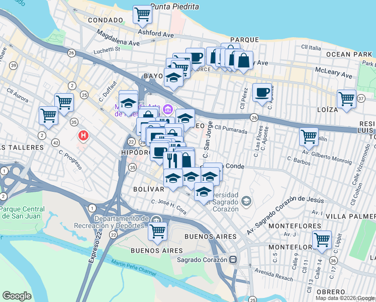 map of restaurants, bars, coffee shops, grocery stores, and more near 360 Calle Fuerte in San Juan