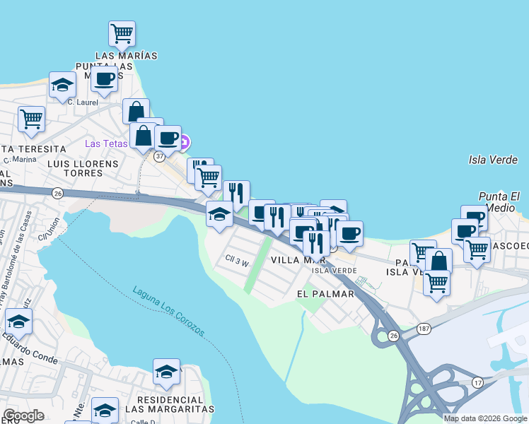 map of restaurants, bars, coffee shops, grocery stores, and more near 4429 Avenida Isla Verde in Carolina