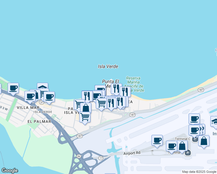 map of restaurants, bars, coffee shops, grocery stores, and more near 10 Calle Gardenia in Carolina