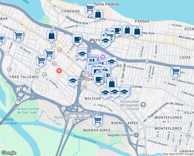 map of restaurants, bars, coffee shops, grocery stores, and more near 1508 Puerto Rico 25 in San Juan