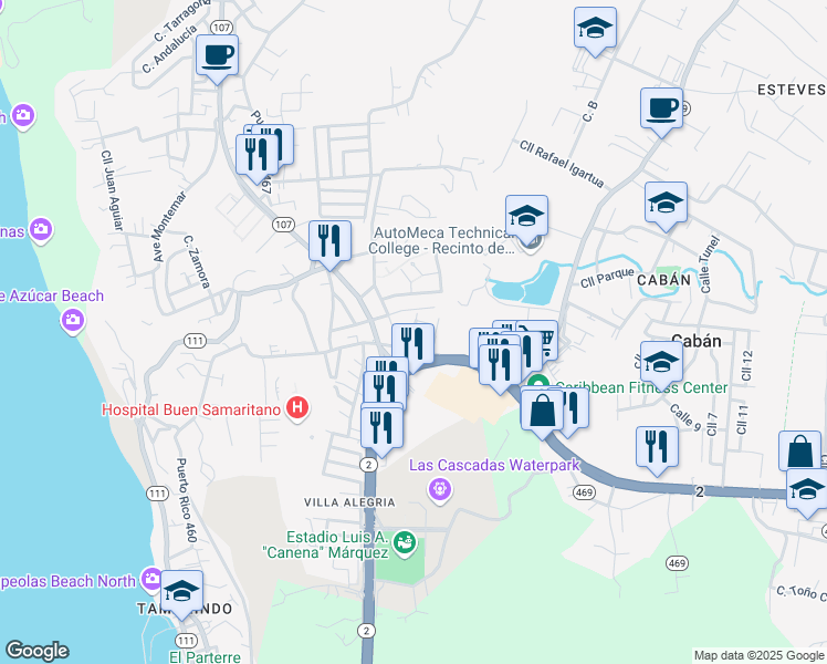 map of restaurants, bars, coffee shops, grocery stores, and more near Calle Rafael H Rodriguez in Camaceyes