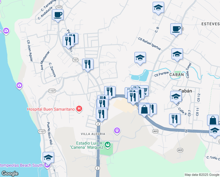 map of restaurants, bars, coffee shops, grocery stores, and more near Calle Rafael H Rodriguez in Camaceyes