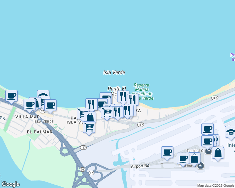 map of restaurants, bars, coffee shops, grocery stores, and more near 10 Calle Gardenia in Carolina