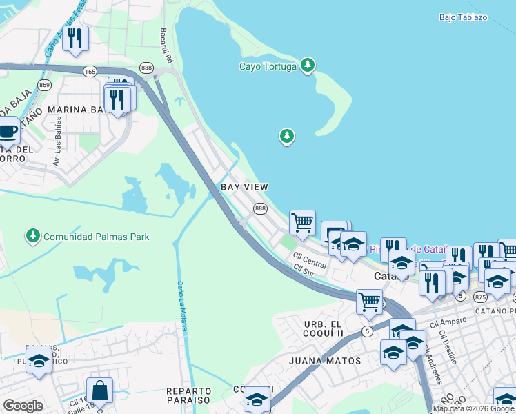 map of restaurants, bars, coffee shops, grocery stores, and more near PR-88 in Cataño