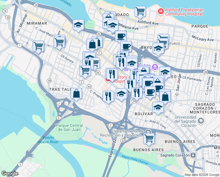 map of restaurants, bars, coffee shops, grocery stores, and more near 1401 Calle Feria in San Juan