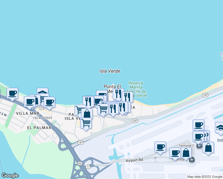 map of restaurants, bars, coffee shops, grocery stores, and more near 10 Calle Gardenia in Carolina