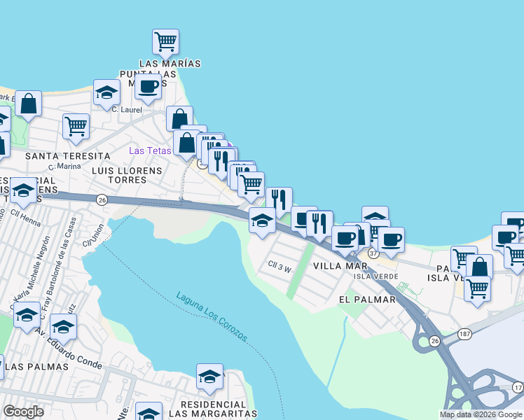 map of restaurants, bars, coffee shops, grocery stores, and more near 3106 Avenida Isla Verde in Carolina