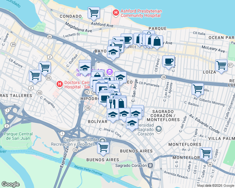 map of restaurants, bars, coffee shops, grocery stores, and more near in San Juan