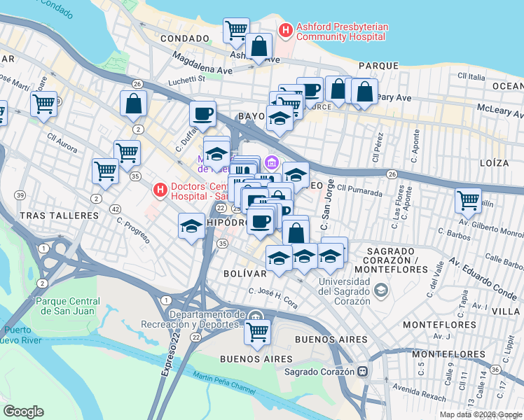 map of restaurants, bars, coffee shops, grocery stores, and more near 1508 Puerto Rico 25 in San Juan