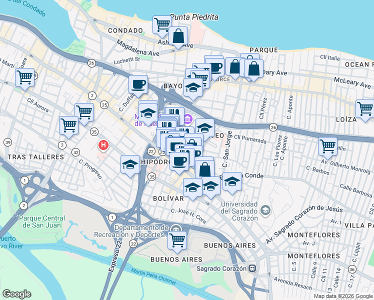 map of restaurants, bars, coffee shops, grocery stores, and more near 338-344 Calle Iglesias in San Juan